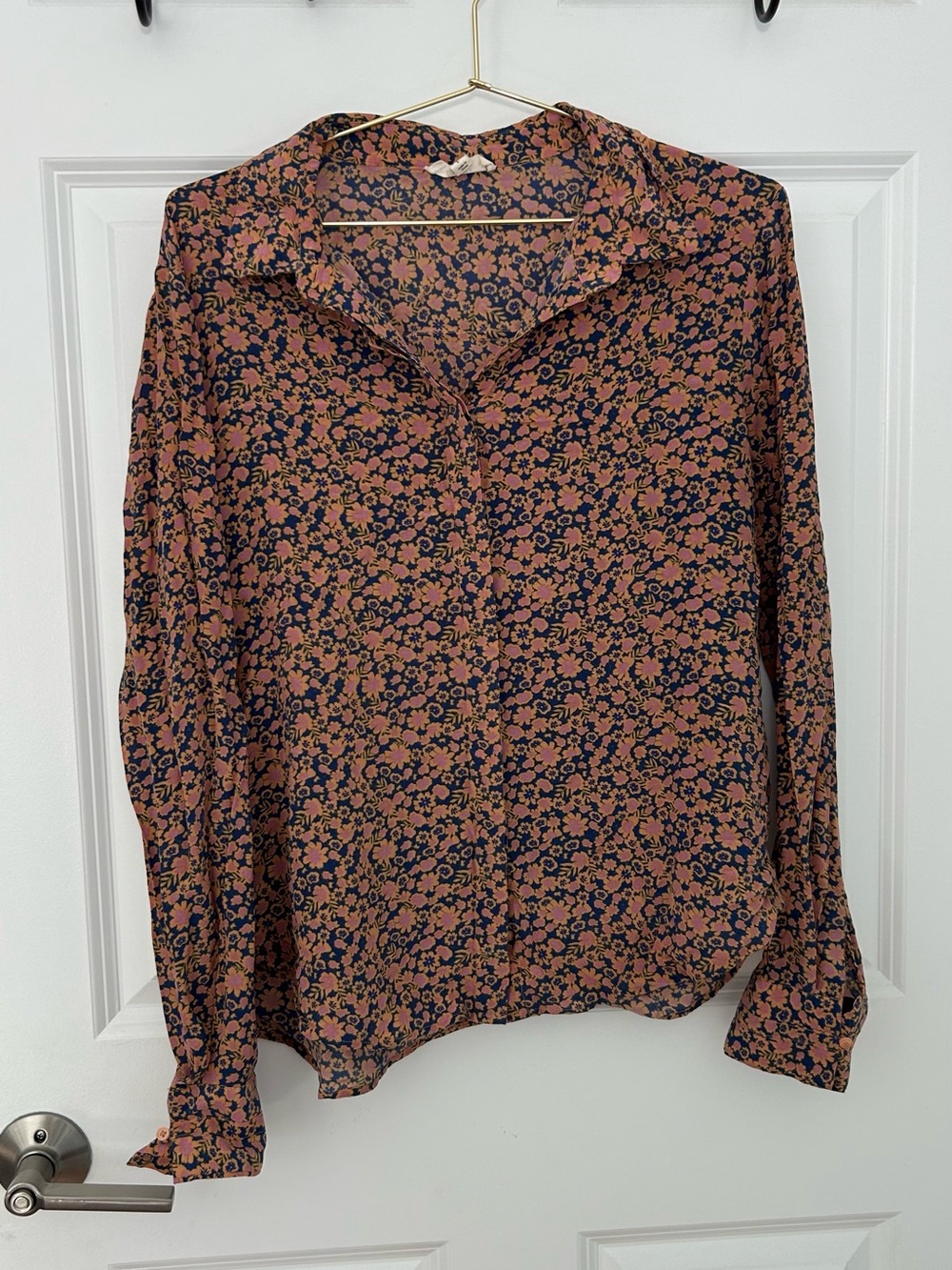 A Loves A 100% silk Button-Down Blouse in Navy and Rust Floral
